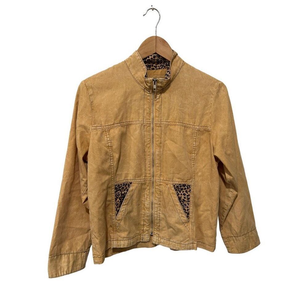 Produce Company 100% Cotton Tan Cheetah Print Zip Up Jacket Pockets S Utility